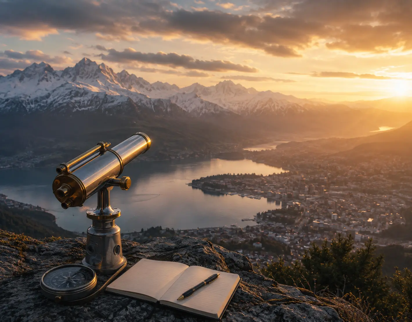 Telescope overlooking an Alpine landscape representing the outlook for financial markets after the winter break