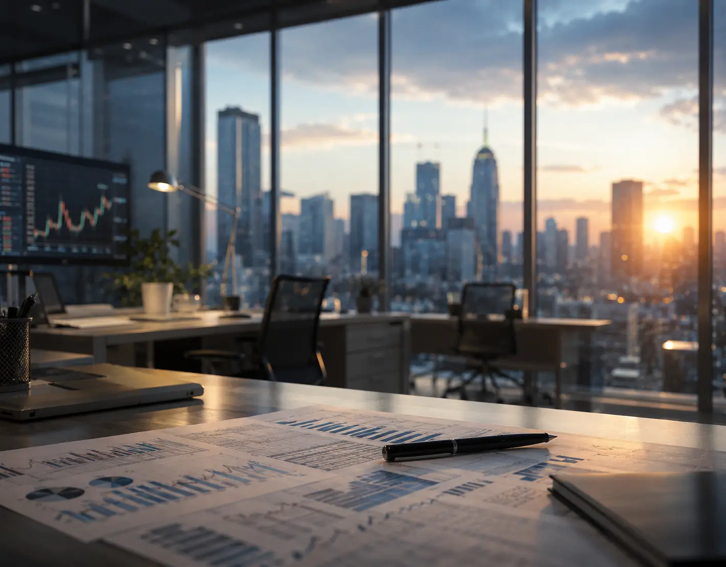 Financial reports in a modern investment office representing market developments in December 2023