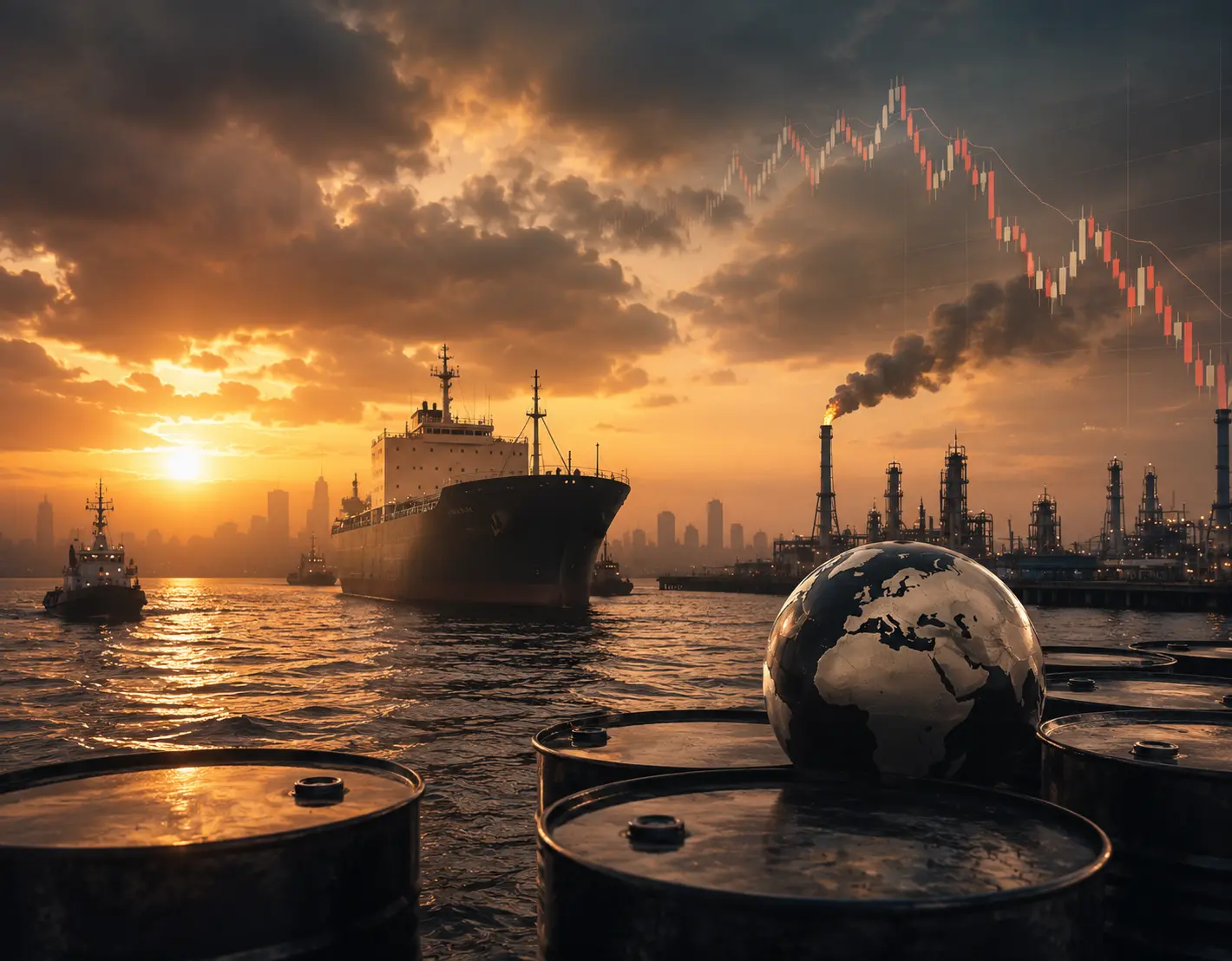 Oil infrastructure and declining market chart representing the global economic impact of the Israel–Hamas war