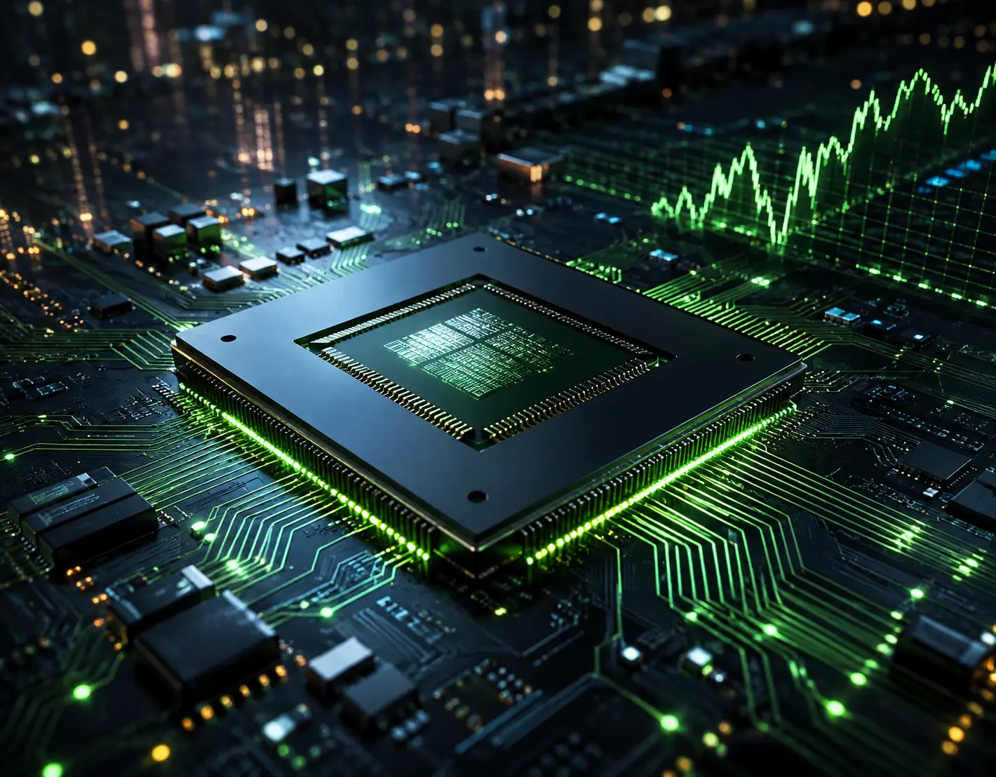 Semiconductor chip and financial chart representing technology sector and market developments in February 2024