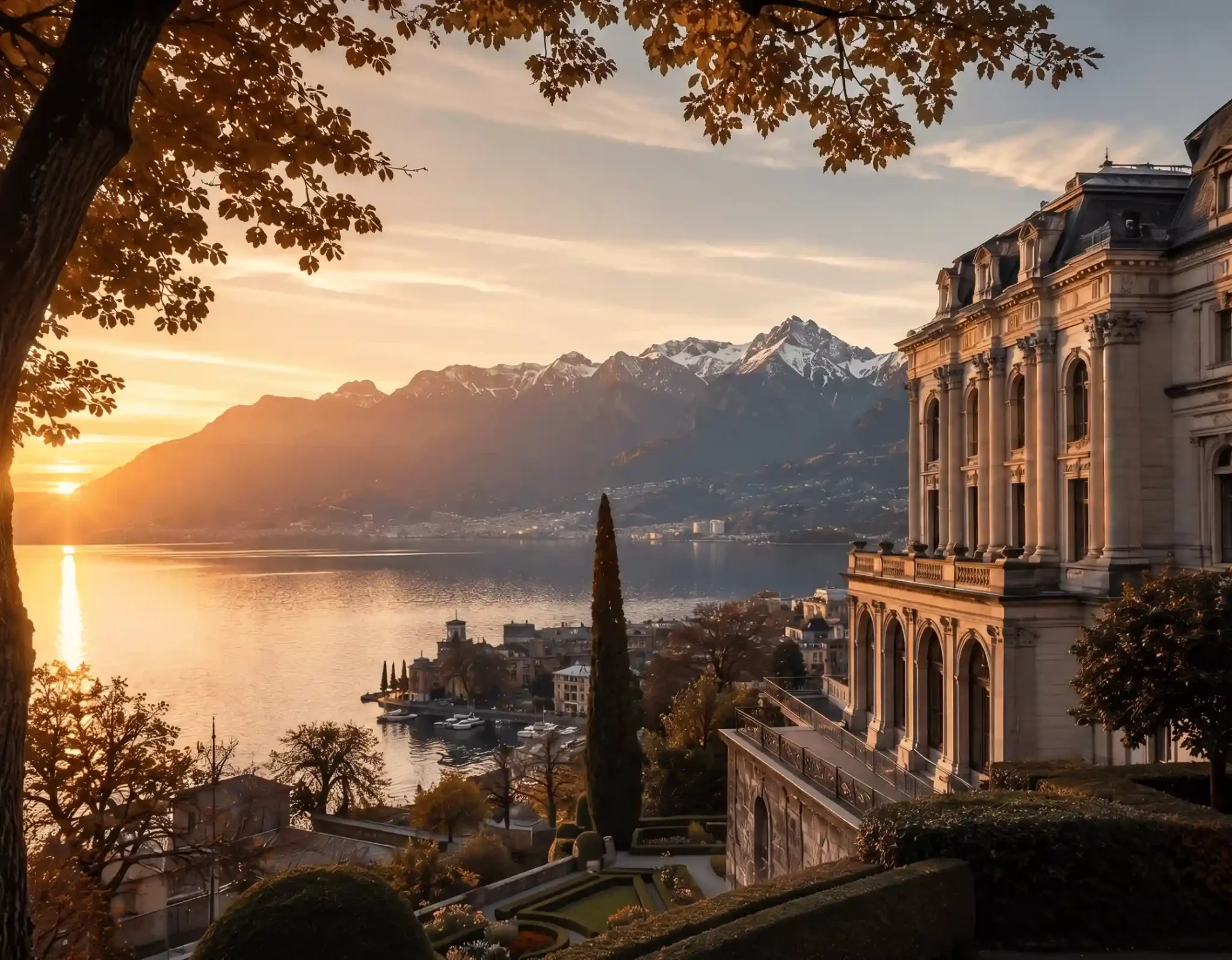 Swiss lakeside landscape at sunset representing financial market developments in September 2024