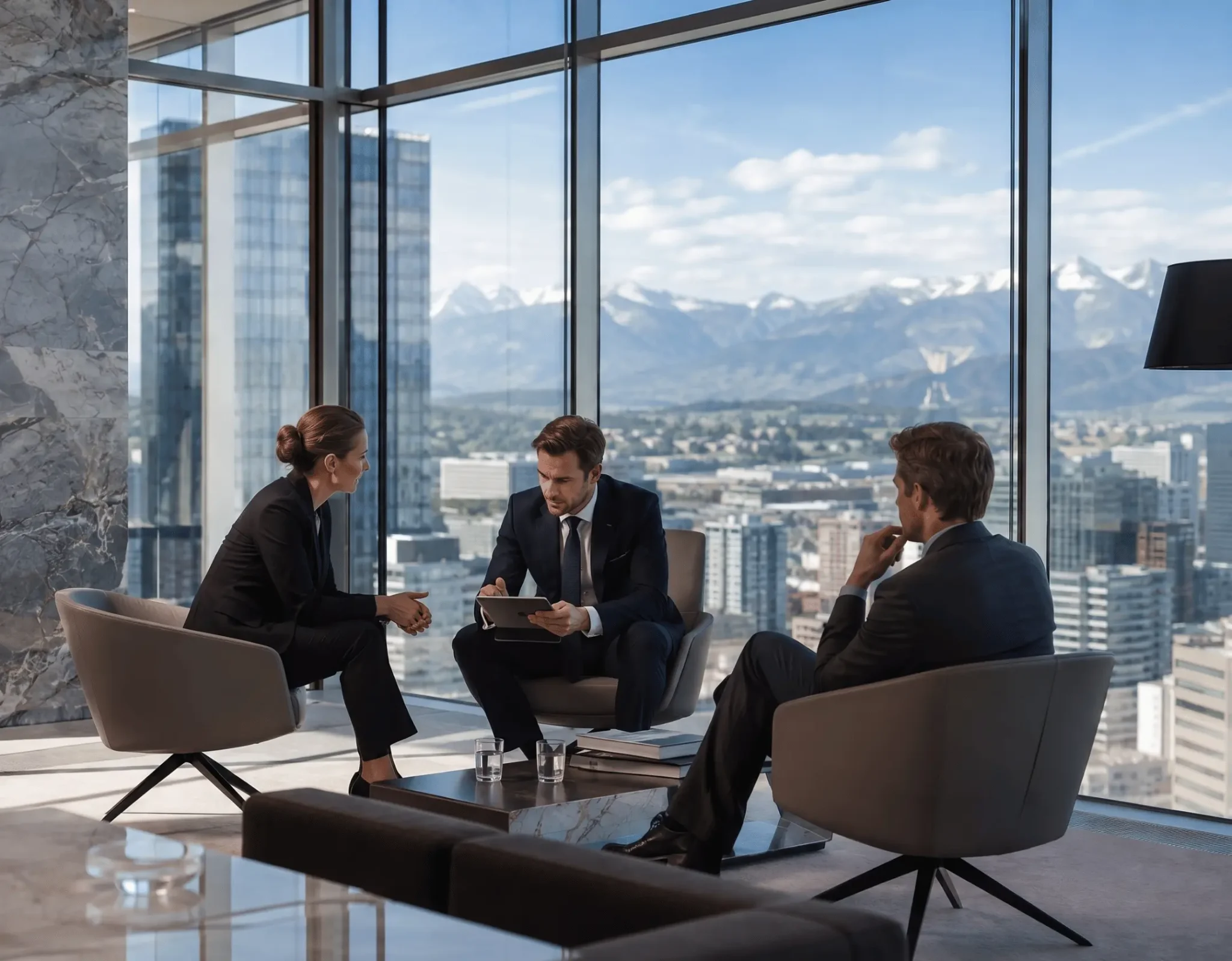 Investment professionals meeting in a Zurich office representing financial market developments in October 2024