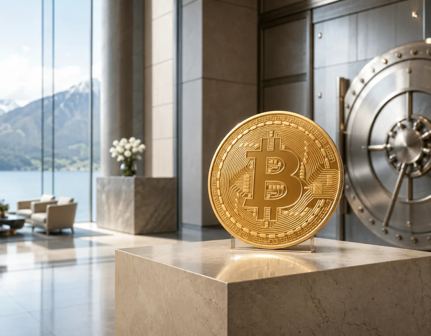 Bitcoin displayed beside a secure vault representing cryptocurrency as a potential strategic investment