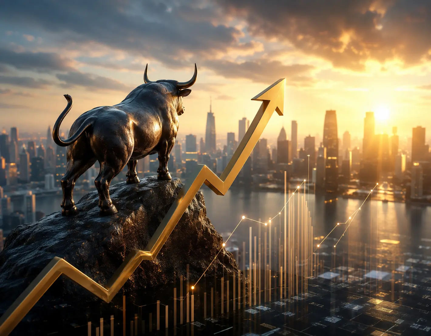Bull market and rising financial chart representing opportunities and risks for equity markets in 2025