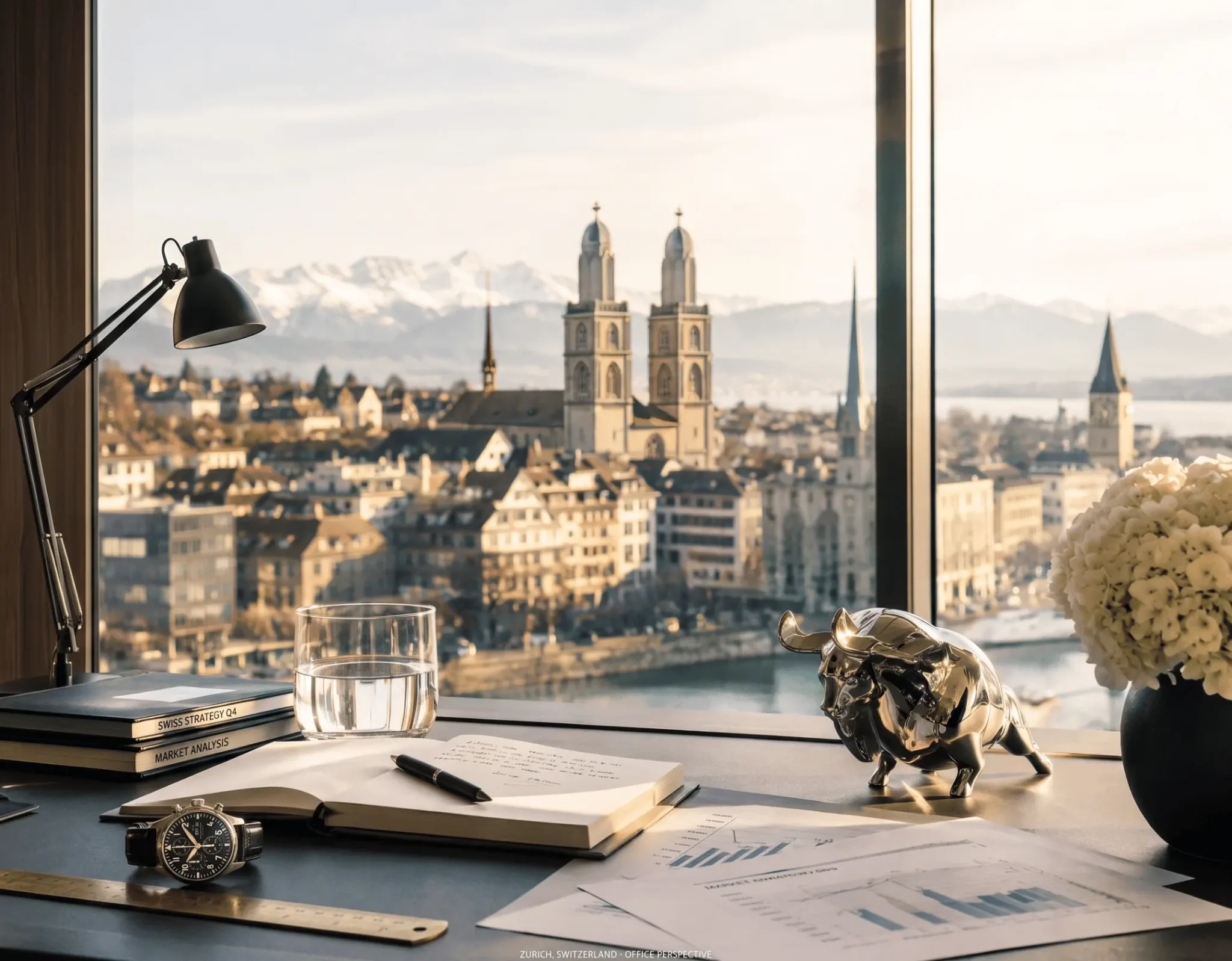 Investment reports and bull figure overlooking Zurich representing market developments in November 2024