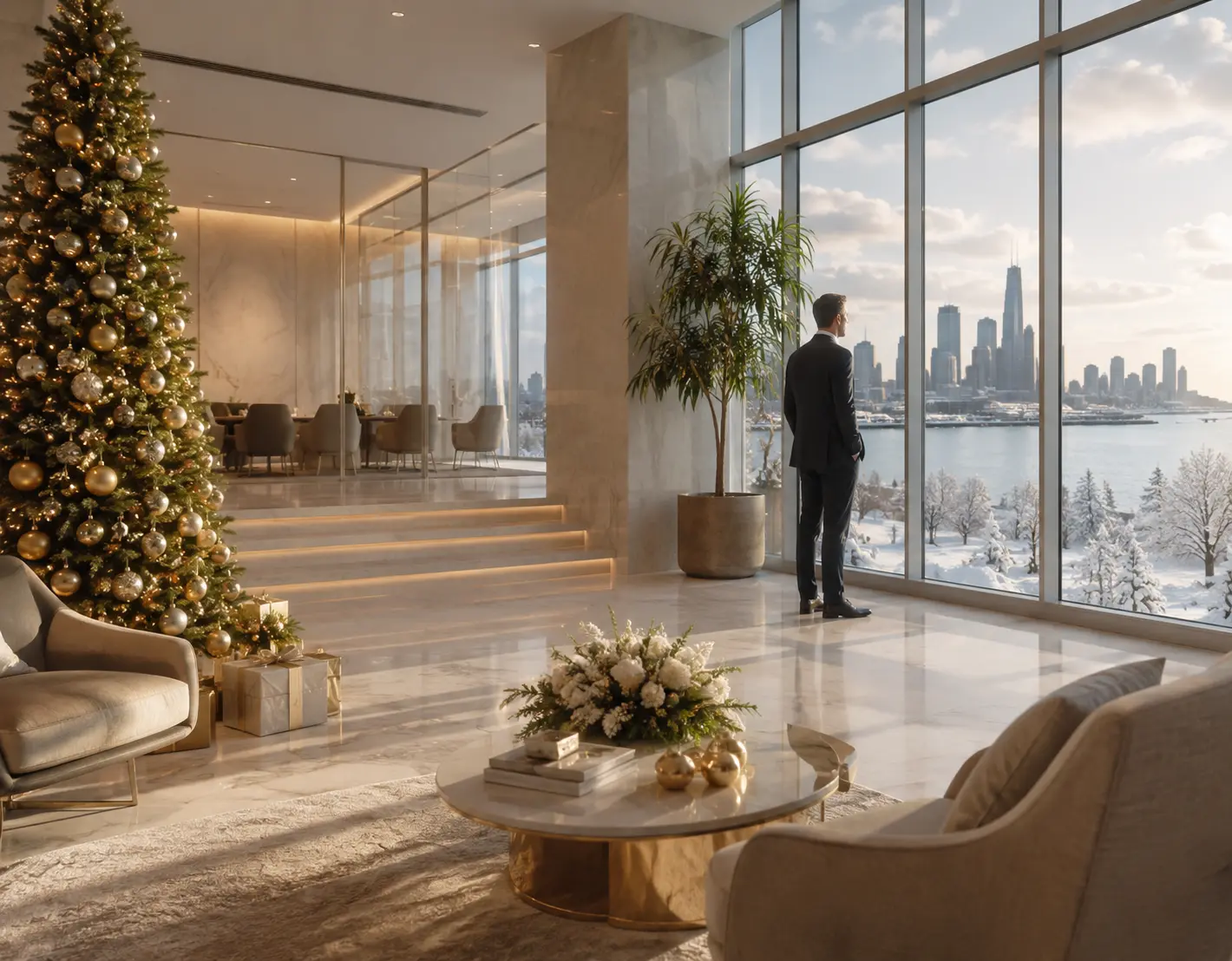 Festive financial office setting representing the Santa Claus Rally in equity markets