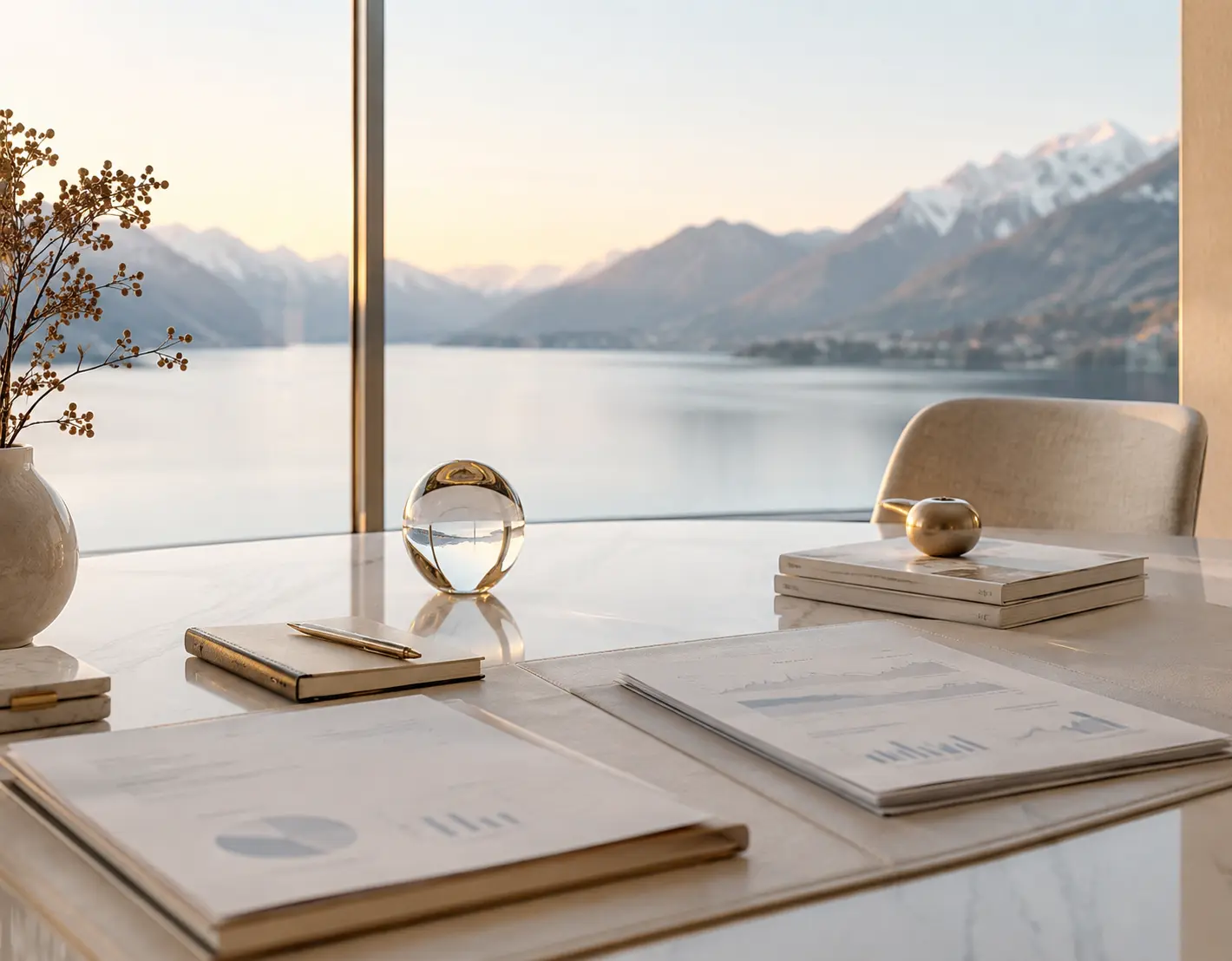 Investment reports overlooking the Swiss Alps representing the window-dressing effect in equity markets