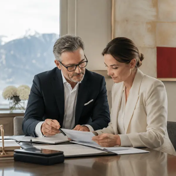 Grimaldi & Partners advisor reviewing financial documents with a client