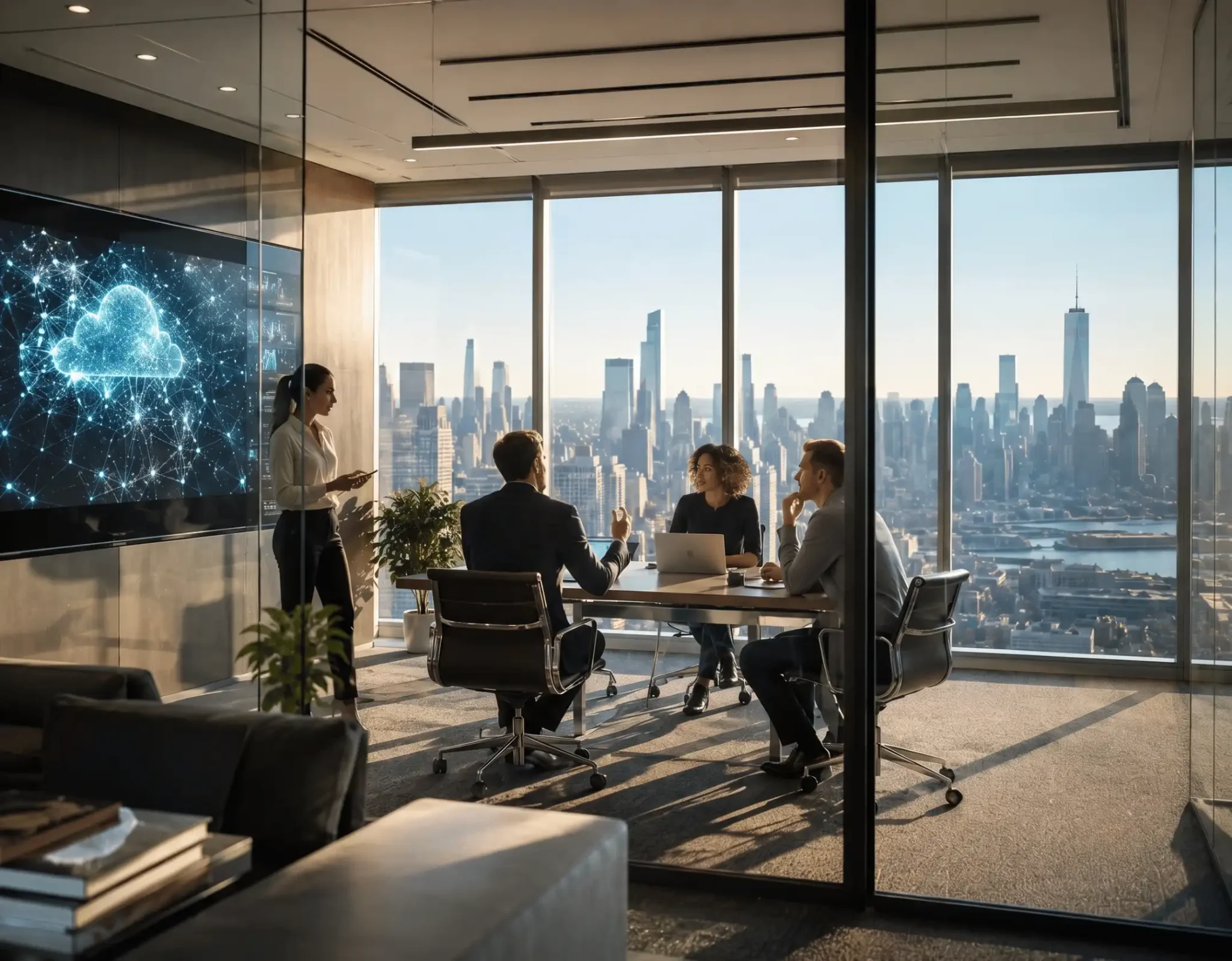 Business meeting with digital technology visualization representing financial market developments in April 2025