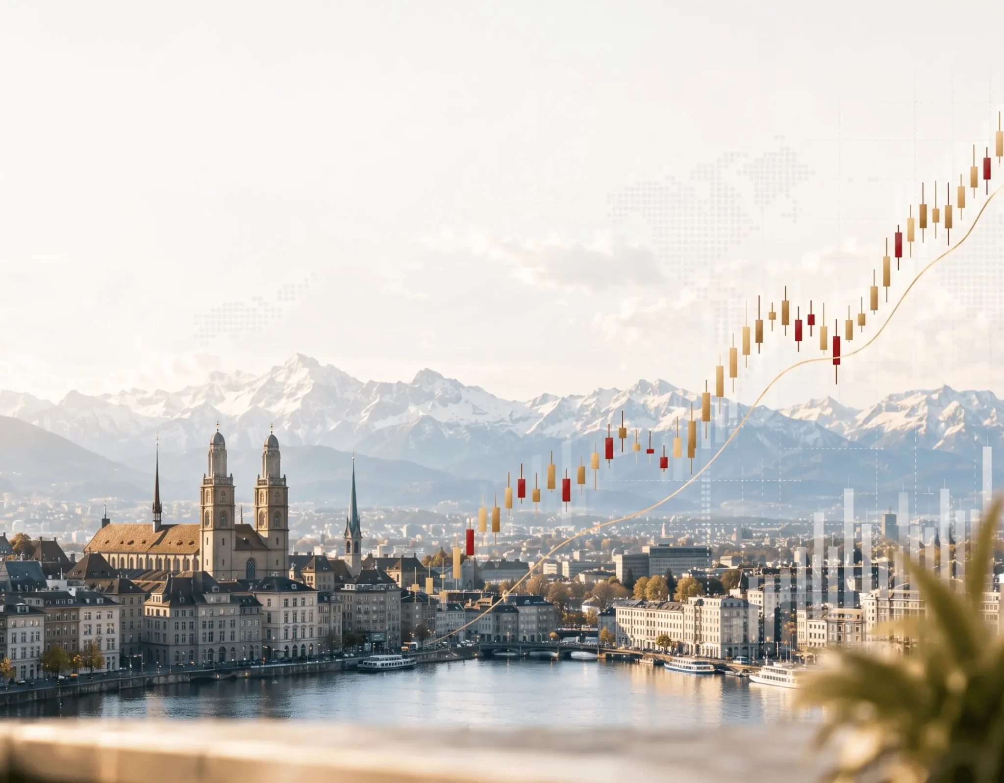 Zurich skyline with rising financial market charts illustrating market developments in July 2025