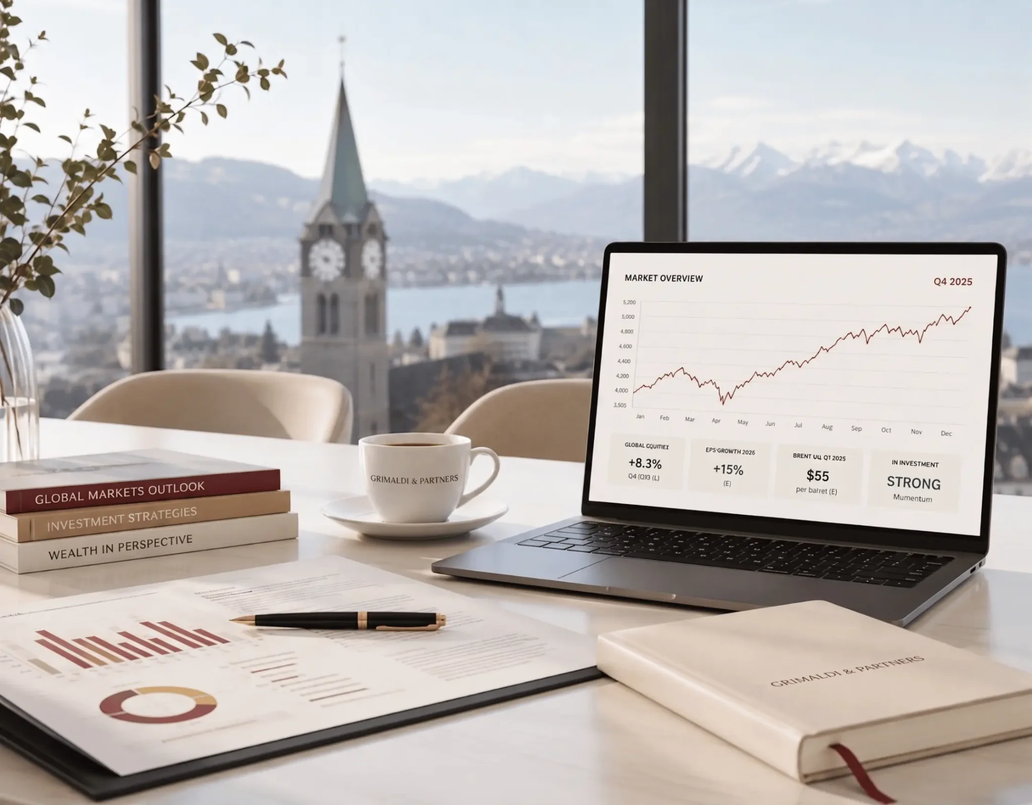 Investment market analysis displayed on a laptop overlooking Zurich for the fourth quarter of 2025