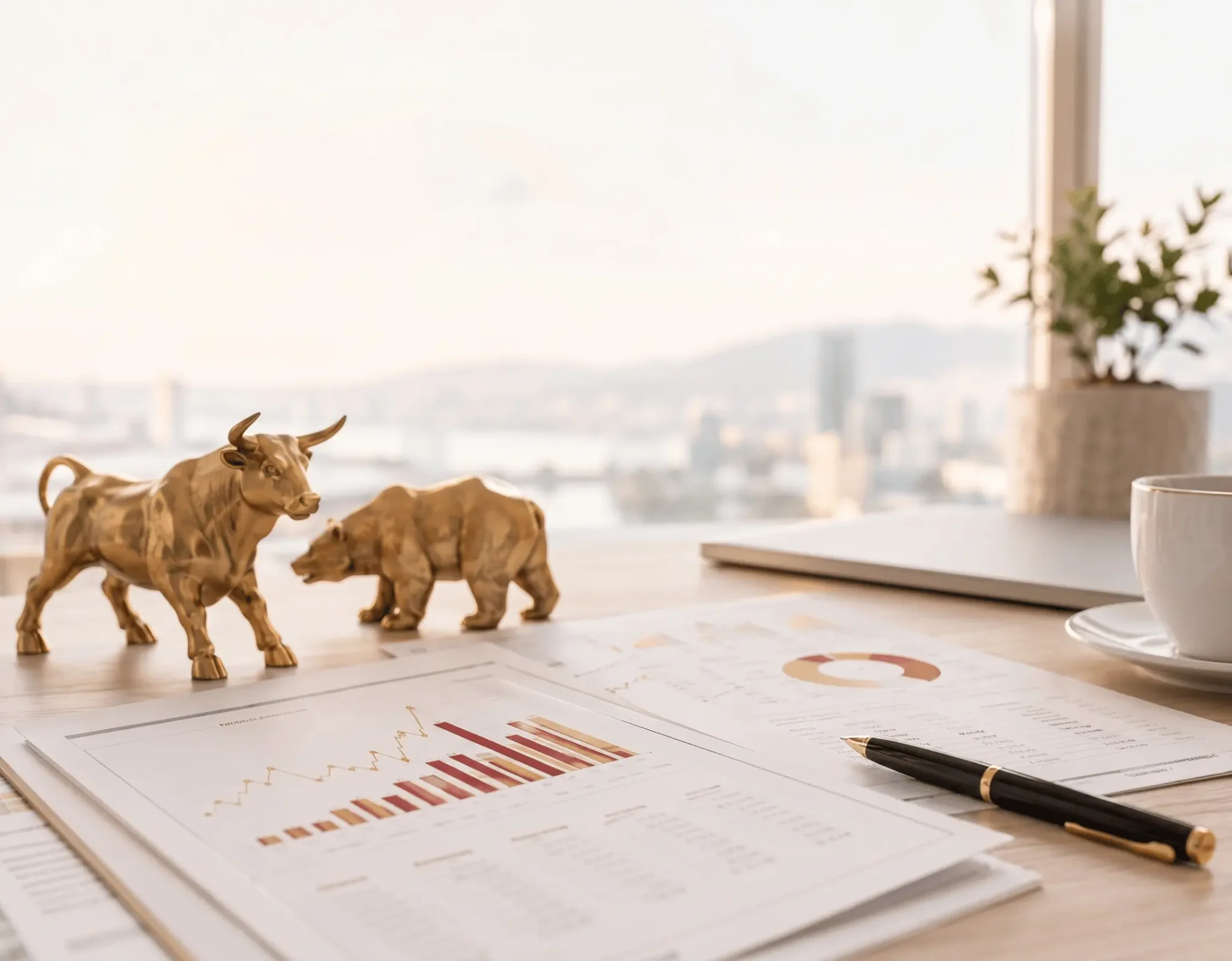 Bull and bear figures with financial charts representing market developments in the first quarter of 2026