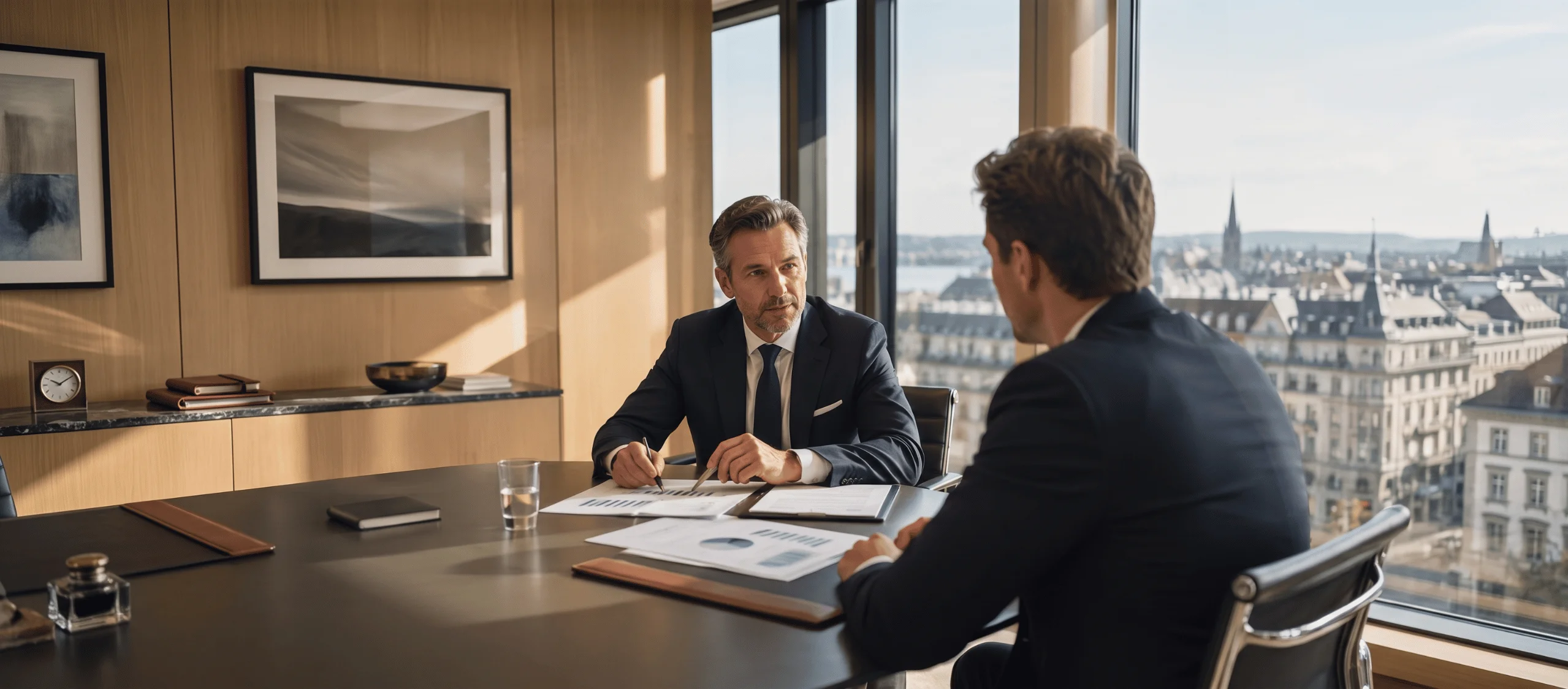Investment professionals discussing a disciplined investment approach in Zurich