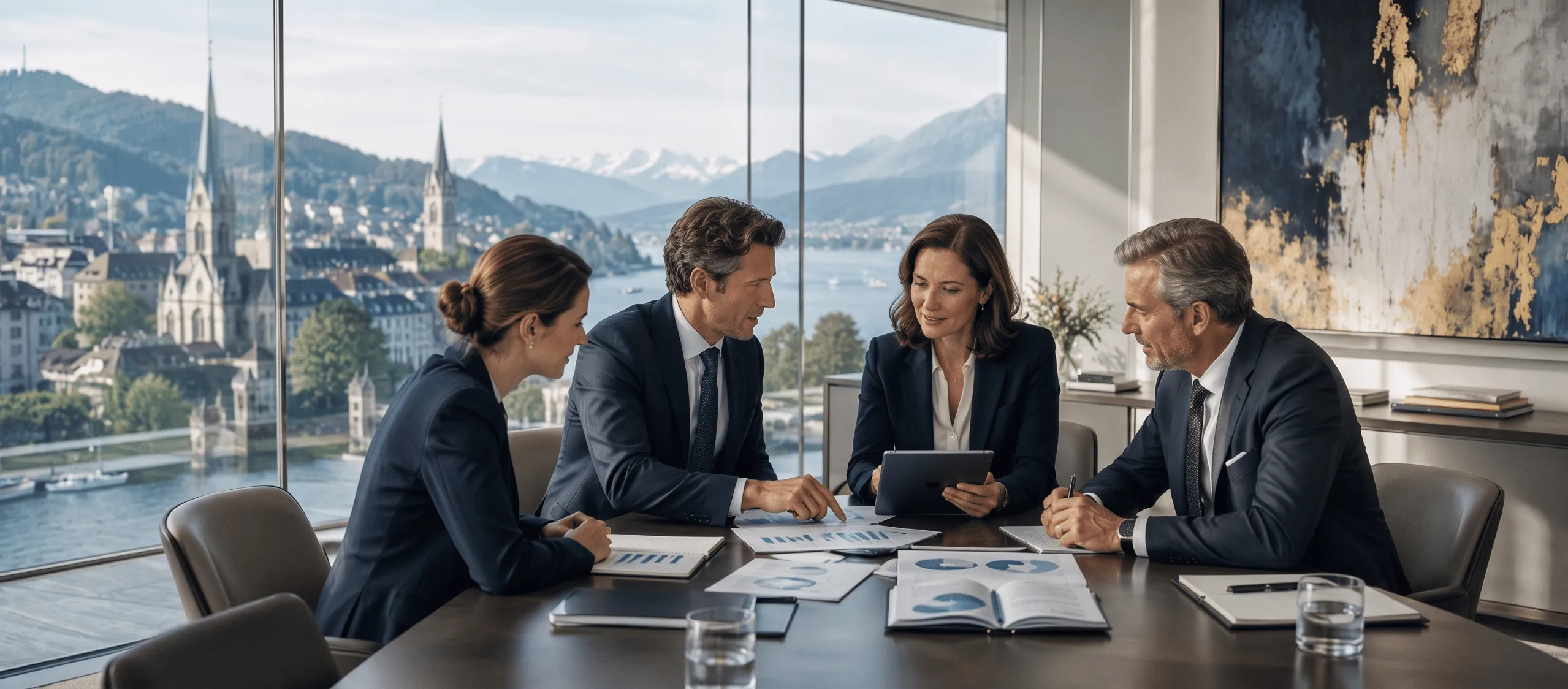 Grimaldi & Partners team discussing tailored wealth management solutions in Zurich