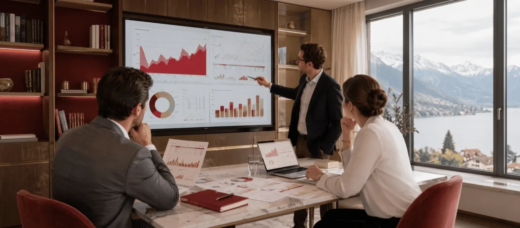 Investment professionals reviewing portfolio performance and financial analysis