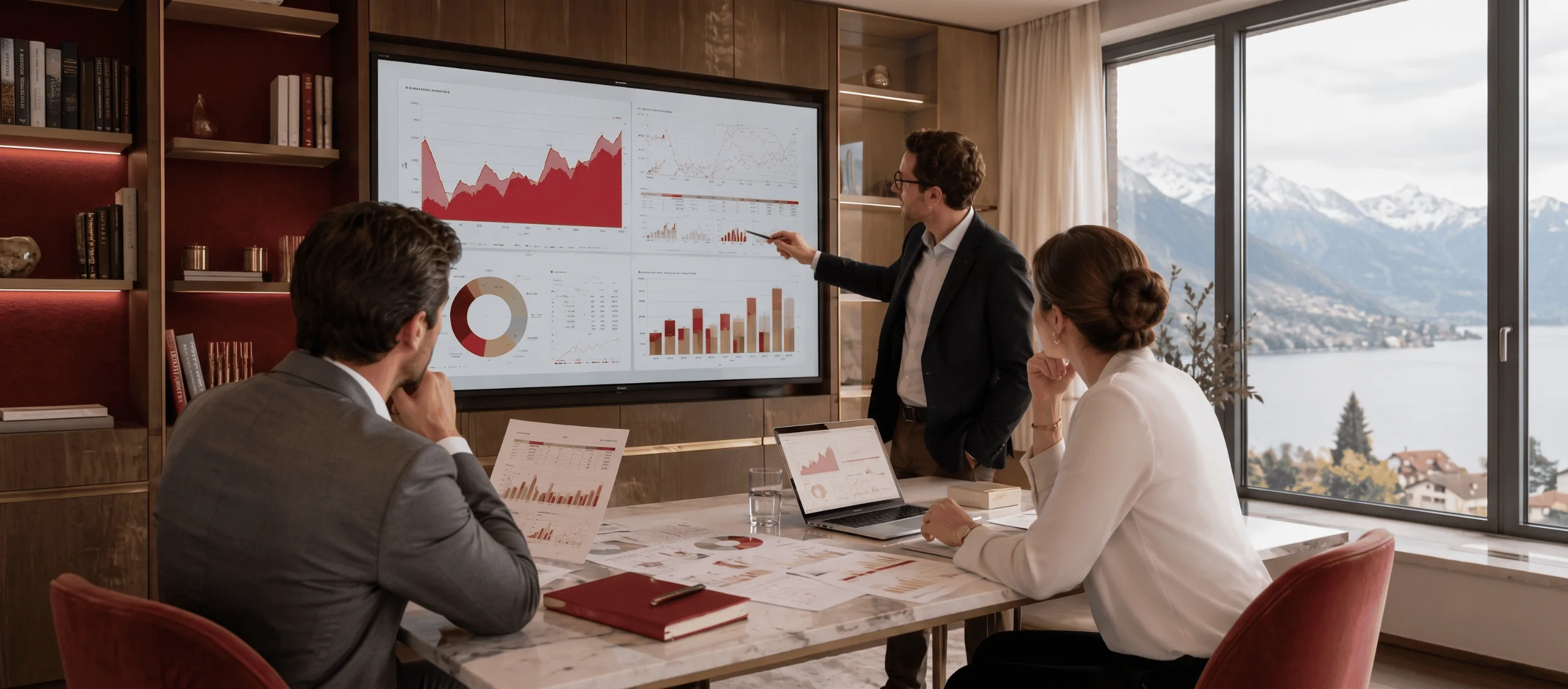 Investment professionals reviewing portfolio performance and financial analysis